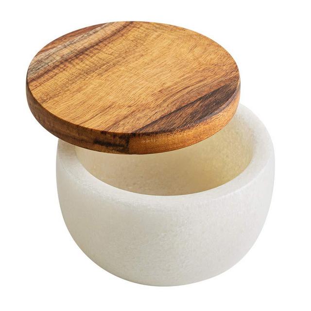 jalz jalz Salt Box Spice Pinch Pot White Marble Base Wood cover salt keeper Salt Cellar Salt Pig