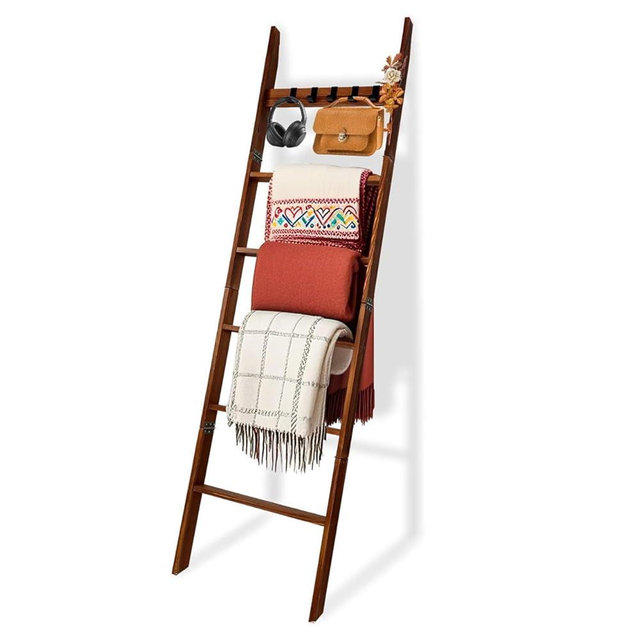 Blanket Ladder for Living Room, Farmhouse 5-Tier Quilt Holder with 4 Removable Hooks for Bathroom, Wood Towel Rack Display, Wall Anchor Leaning Decorative Stand for Home