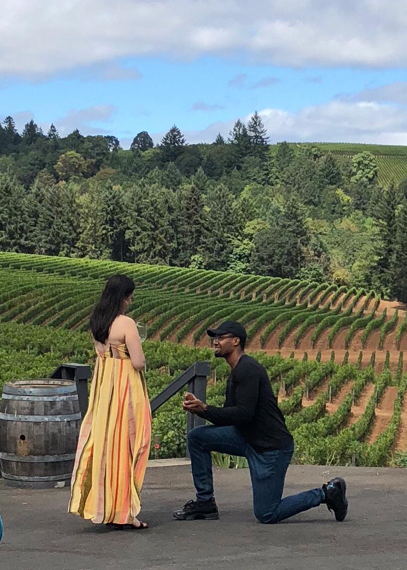 The engagement. September 1, 2018 at Sokol Blosser Vineyard.