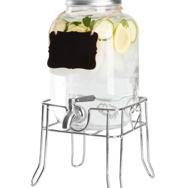 Outdoor Glass Beverage Dispenser with Sturdy Metal Base, Stainless Steel Spigot & Hanging Chalkboard - Drink Dispenser for Lemonade, Tea, Cold Water & More