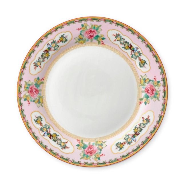 Famille Rose Dinner Plates, Set of 8, Pink Rim