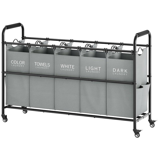 Tajsoon Laundry Sorter, Laundry Hamper 5 Section with Heavy Duty Rolling Lockable Wheels, Laundry Basket Organizer with Removable Bags for Dirty Clothes Storage, Grey