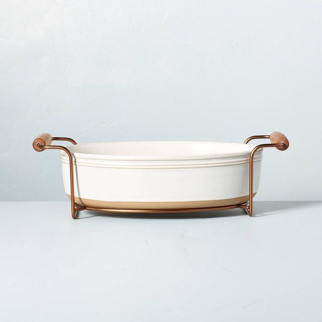 Oven-to-Table Stoneware 8" x 14" Oval Baking Dish with Metal Stand Sour Cream - Hearth & Hand™ with Magnolia