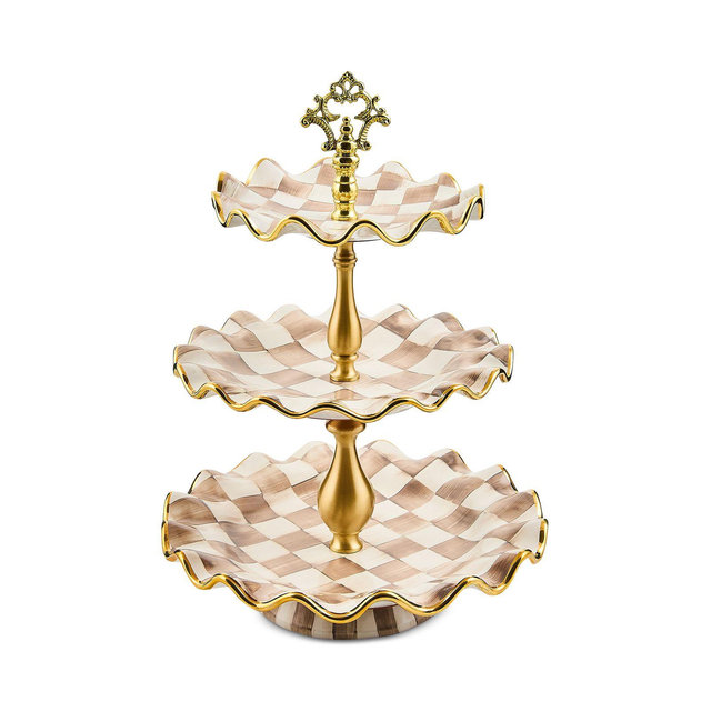 MacKenzie-Childs Mocha Check Ceramic 3-Tier Sweet Stand