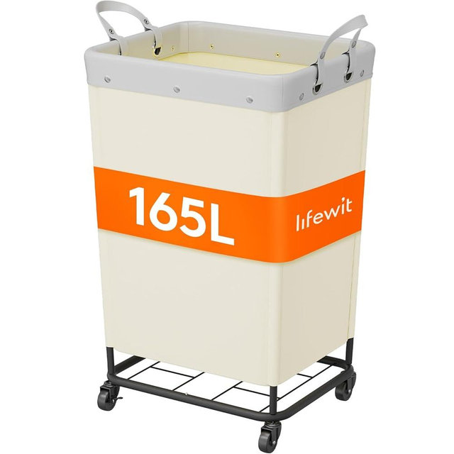 Lifewit 165L Laundry Basket with Wheels, Large Heavy Duty Commercial Rolling Laundry Hamper with Handles, Tall Steel Frame Laundry Cart for Laundry Room Bedroom Hotel Home Dorm, White