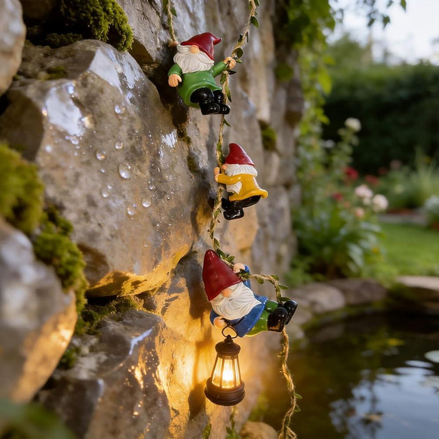QCF Garden Gnomes Hanging Solar Lights, 3-Pack Climbing Rope Gnome Statues with LED Lantern, Outdoor Decor for Yard Patio Door Tree Fence Wall, Housewarming Gifts for Women Mom Grandma