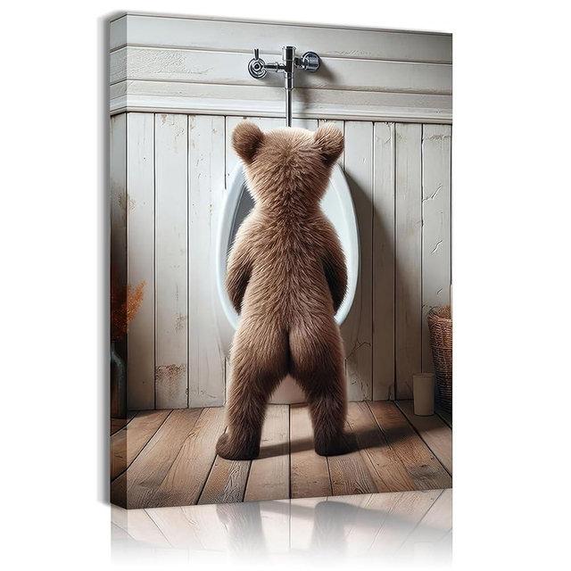 Humorous Bear Wall Art Funny Animals Kids Bathroom Artwork Canvas Poster Prints Funny Brown Bear Wall Art Cute Animal Wall Decoration Paintings Pictures for Living Room Bedroom Office 12x16in Canvas