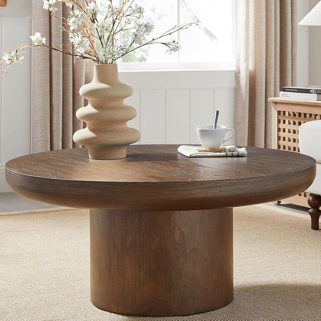 Round Coffee Table 36" Wood for Living Room Large Modern Solid Wooden Drum Circle Farmhouse Center Mid-Century Sofa Side Coffee Tables for Apartment Home Furniture Cocktail Tea Brown Easy Assemble