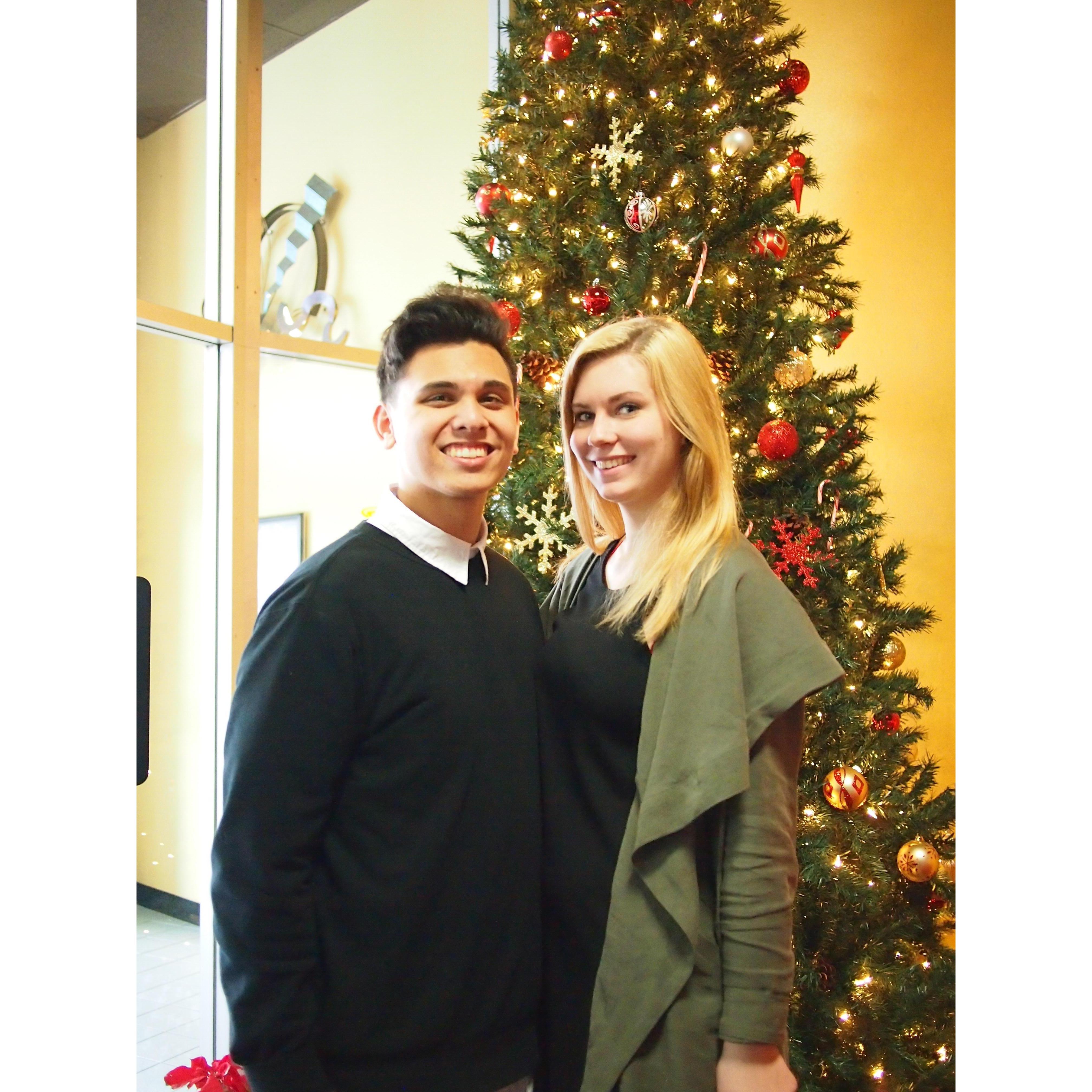 Attending Sunset Lanes Christmas party in 2015. Hannah and Anthony first met working there together!