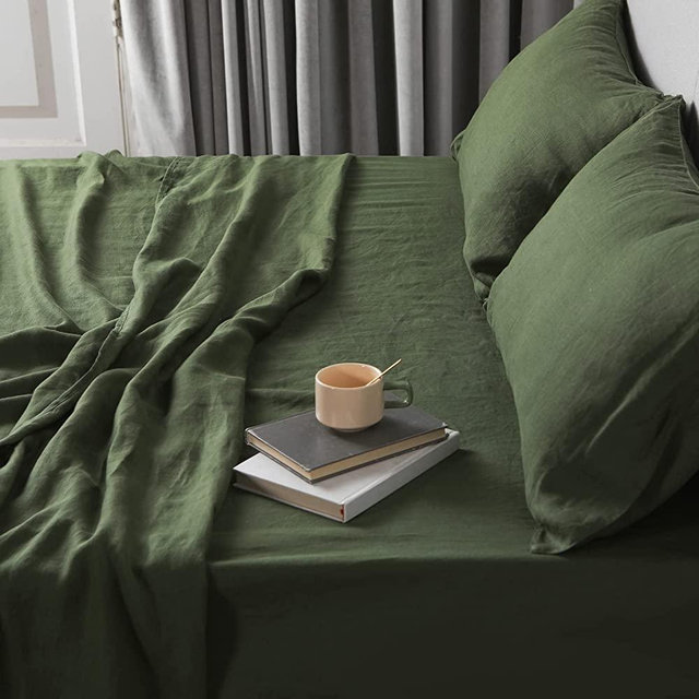 XZ XIFA Green Linen Sheets, 100% French Washed Pure Linen Bed Sheets for Queen Size Bed Deep Pockets, Cooling Sheets, Aesthetic Bedding-4 Pcs Set(1 Flat Sheet, 1 Fitted Sheet, 2 Pillowcases)