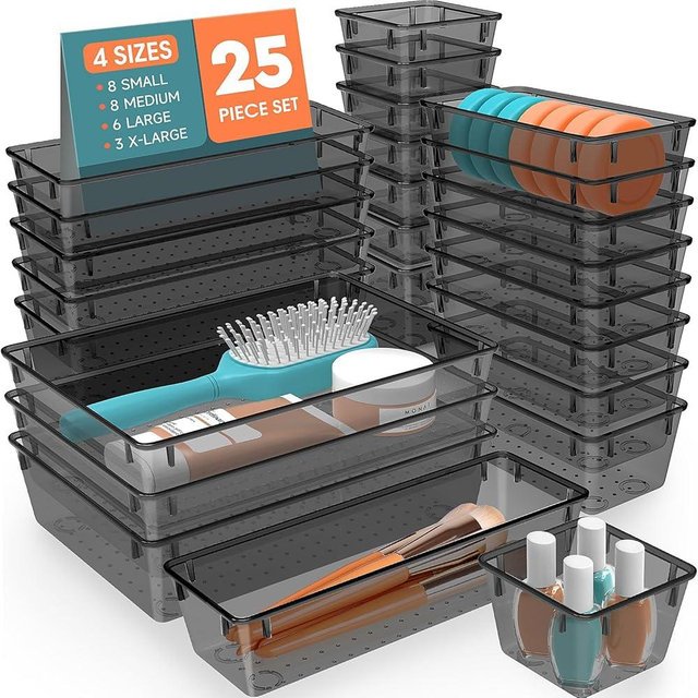 SpaceHacks 25 PCS Plastic Drawer Organizer Set, 4-Size Versatile Organizer Trays & storage Bins for Makeup, Jewelry, and Gadgets in Bathroom, Bedroom and Office,Clear Black