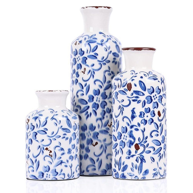 Blue and White Ceramic Vase Set of 3 – Vintage Floral Porcelain Pottery Vases, Rustic Decorative Vases for Flowers, Farmhouse Chinoiserie Home Decor, Table, Mantel, Living Room & Shelf Centerpieces