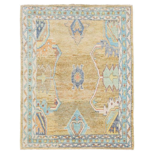 Modern Turkish Oushak Handmade Tan Wool Rug with Floral Motif