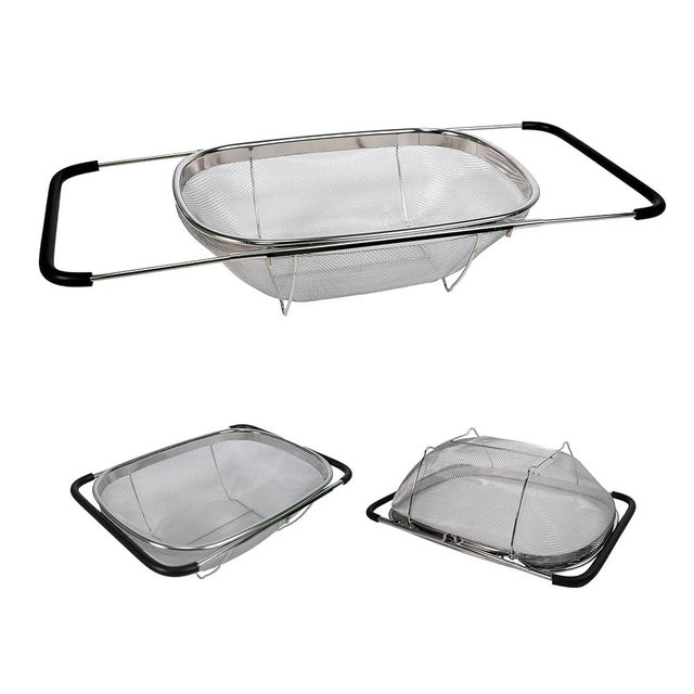 YENXIKU Over Sink Expandable Colander - Collapsible Fine Mesh Strainer Basket with Non-Slip Extendable Silicone Grip, Stainless Steel Kitchen Accessories for Rinsing Pasta, Rice, Fruits & Vegetables