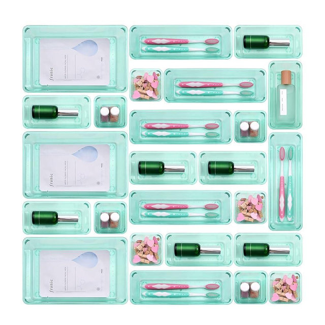 Trotianingyu 25 PCS Plastic Drawer Organizers Set, 4-Size Bathroom & Vanity Drawer Organizer Trays, Storage Bins for Makeup, Bedroom, Kitchen Gadgets Utensils & Office (Green)
