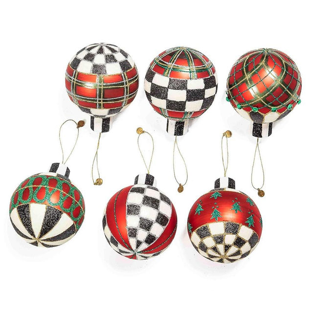 MACKENZIE-CHILDS Set of 6 Glass Ornaments, Christmas Tree Decorations Set, Tartan