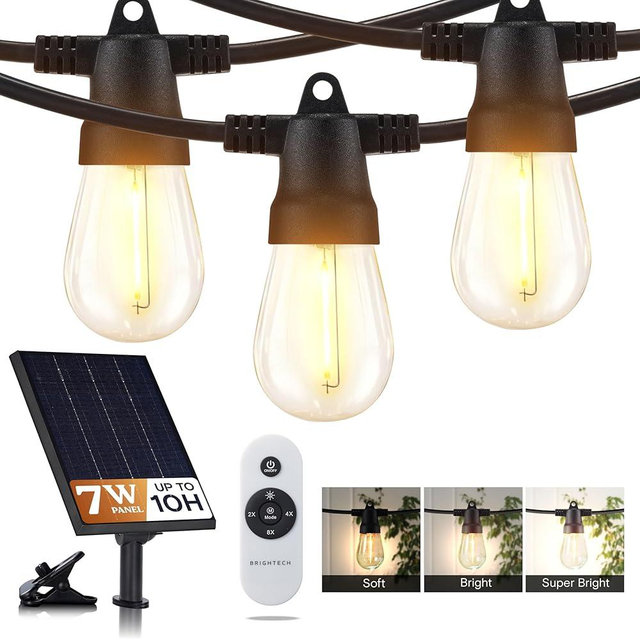 Brightech 104 (93+11) FT Ambience Pro Solar Powered Outdoor LED String Lights - Waterproof Remote Control Lights - 32 Bulbs, 7W Solar Powered Soft White Light for Camping, Patio, Garden