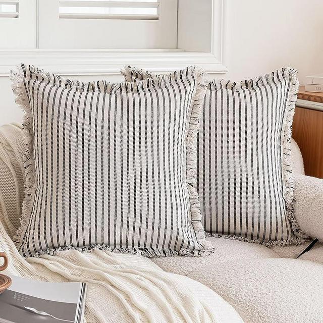 Farmhouse Pillow Covers 20x20 Set of 2 Black Striped Cream White Pillow Covers with Fringe Boho Linen Decorative Throw Pillow Covers Accent Square Pillows Cover for Sofa Couch Bedroom Outdoor Decor