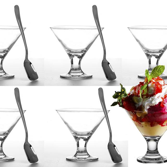 GLASIA Set of 6 Glass Ice Cream Bowls and 6 Stainless Steel Spoons | Small Dessert Cups for Parfait Sundae Snacks Fruit | Mini Footed Trifle Tasters with Spoon | Lead-Free Glass Dessert Serving Dishes