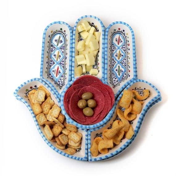 Large 7 Pieces Turqouise Hamsa Palm Dipping and Serving Plate