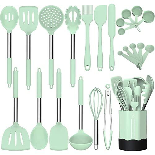 Silicone Cooking Utensil Set, Fungun Non-stick Kitchen Utensil 24 Pcs Cooking Utensils Set, Heat Resistant Cookware, Silicone Kitchen Tools Gift with Stainless Steel Handle - Green
