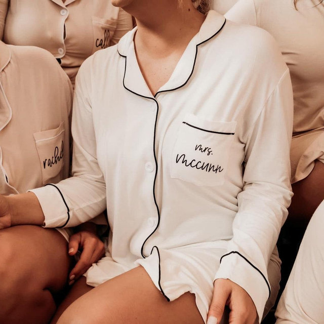 Personalized Bride Sleepshirt Wedding Getting Ready Outfit Bride Pajamas White Button Up Sleep Shirt Mrs Bridal Shower Gift Idea (EB3314P)