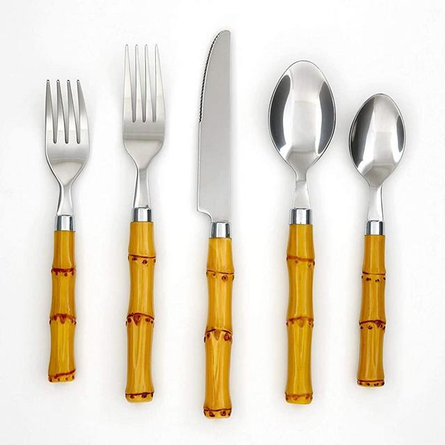 Cambridge Silversmiths Bamboo Plastic 20 Piece Flatware Set, Silver