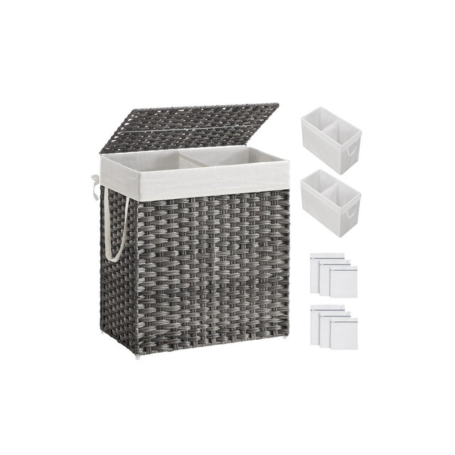 SONGMICS 110L Laundry Hamper with Lid Clothes Hamper with 2 Removable Liner Bags & 6 Mesh Bags Gray