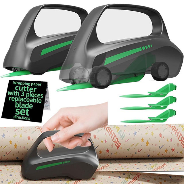 2PC Wrapping Paper Cutter with 3 Replaceable Blades, Car Design Cutter Dispenser Tool Adapt for Any Diameter Gift Wrapping Paper Roll, Cutting Efficient Straight Easily & Safely on Halloween Christmas