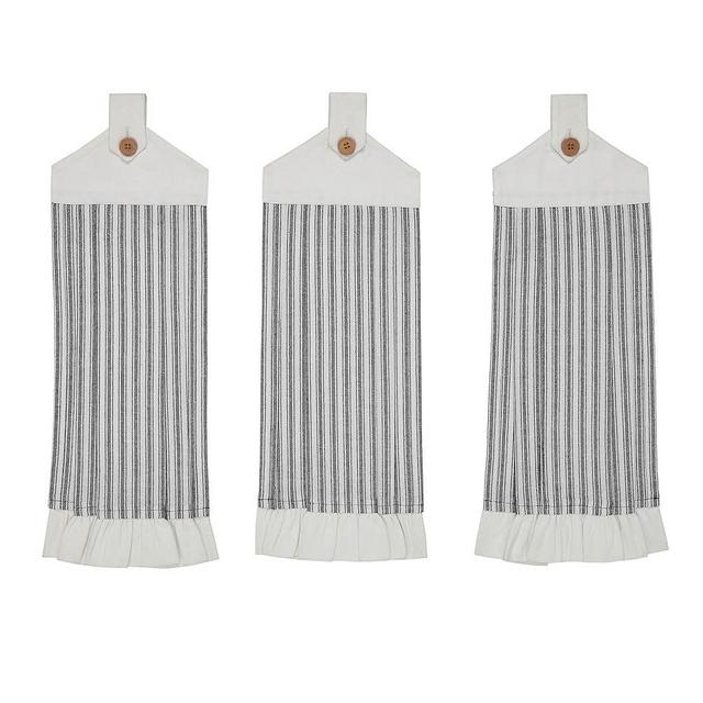 VHC Brands Cotton Sawyer Mill Ticking Stripe Button Loop Kitchen Towel Set of 3, Hanging, Pleated, Bath, Kitchen, Sawyer Mill Black Collection, Country