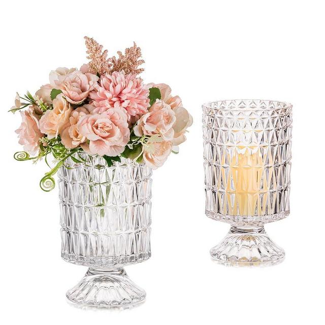 Glasesseam Pedestal Vases for Flowers, Decorative Compote Vase Set of 2, Vintage Crystal Clear Glass Vase, Hurricane Urn Flower Vases for Decor, Footed Aesthetic Vase for Home Living Room Decorations