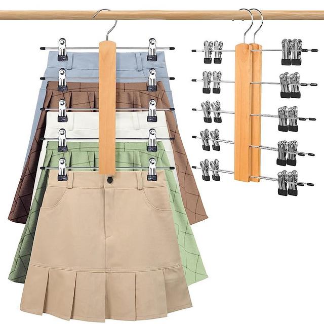 Skirt Hangers Space Saving with Adjustable Clips, DUDUCOFU 3 Pack 5-Tier Wood Pants Clothes Hangers for Closet Organizers and Storage, Hangers Non Slip with Swivel Hooks for Trousers, Shorts, Jeans