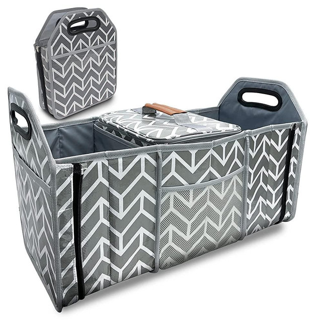 Trunk Organizer, Foldable Car Storage Bag Portable Insulation Cooler Bag Collapsible Vehicle Organizer Divider Storage Totes with 3 Compartment Cargo Tote for Groceries Caddy SUV, Gray