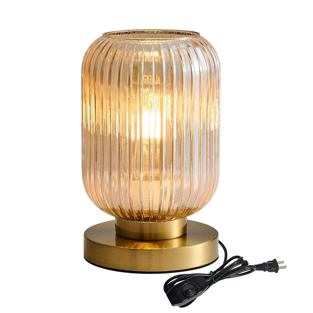 Glass Table Lamps Mid Century Modern Globe, Dimmable Amber Glass Table Lamp for Nightstand, Small Gold Table Lamp, Amber Pumpkin Design Ribbed Vintage Bedside Lamp for Bedroom Living Room Office