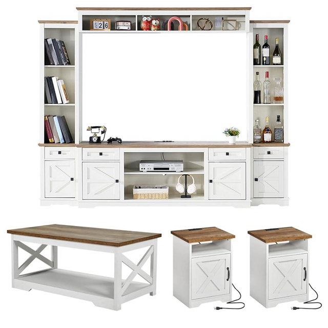 AMERLIFE 4 Pieces Living Room Table Sets, 98" Farmhouse Wall Unit TV Stand with Bookshelves & Wine Cabinet, Coffee Table & 2 End Tables with Charging Station and USB Ports, Living Room, Barnwood+White