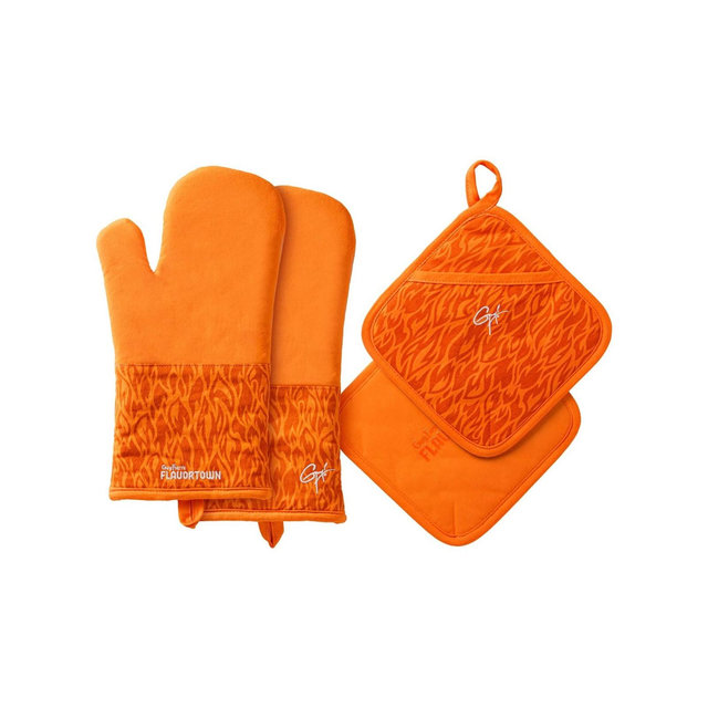 Guy Fieri's Flavortown Kitchen Essentials Bundles, Orange Flame 4-Piece Set, 2 Oven Mitts & 2 Pot Holders