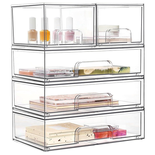 Vtopmart Stackable Storage Drawers Set of 5,Clear Plastic Organizer Bins for Makeup, Cosmetics, Beauty Supplies,Ideal for Vanity, Bathroom,Cabinet,Pantry Organization