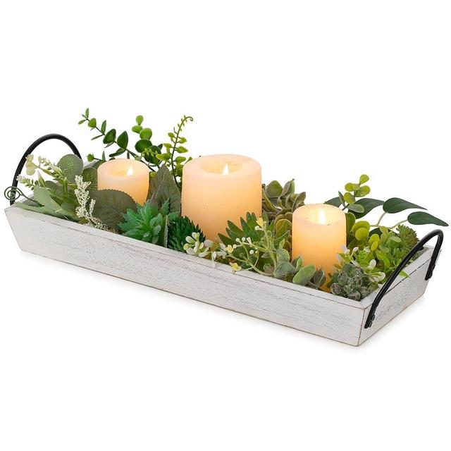 Long Narrow Wood Candle Tray: Hanobe Rustic Wooden Candle Holders Rectangular Table Centerpieces for Dining Room Farmhouse Pillar Stand with Handle Rectangle Table Decor, Whitewashed