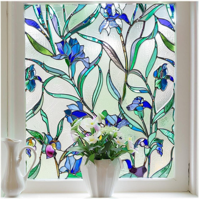 Coavas Floral Window Film, Stained Glass Window Film Decorative Privacy Cling for Home Bathroom & Front Door, 3D Floral Design, UV Blocking, Heat Control, Non-Adhesive, Reusable, Purple, 17.5" x 39.4"