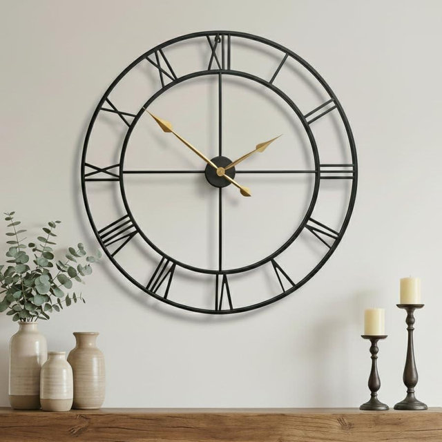 Zabiki 24 Inch Large Wall Clock Modern, Roman Vintage Farmhouse Decorative Black Metal Wall Clock for Living Room Decor, Xmas, Birthday Gift