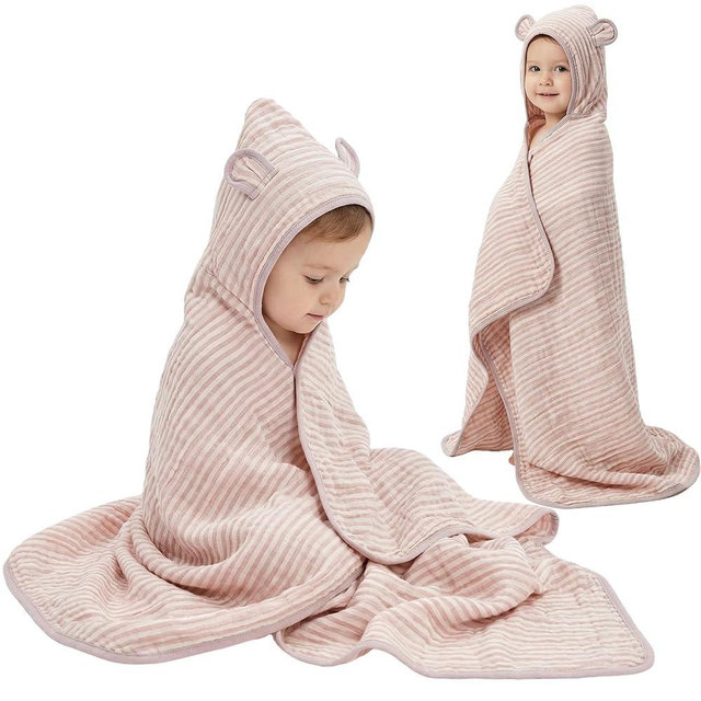 HardNok Ultra-Soft Muslin Toddler Hooded Towel – 55 x 28 Inches, Made with Organic Cotton, Gender-Neutral Dusty Pink Striped Jacquard Pattern, Ideal for Bath & Beach, Newborn to Toddler