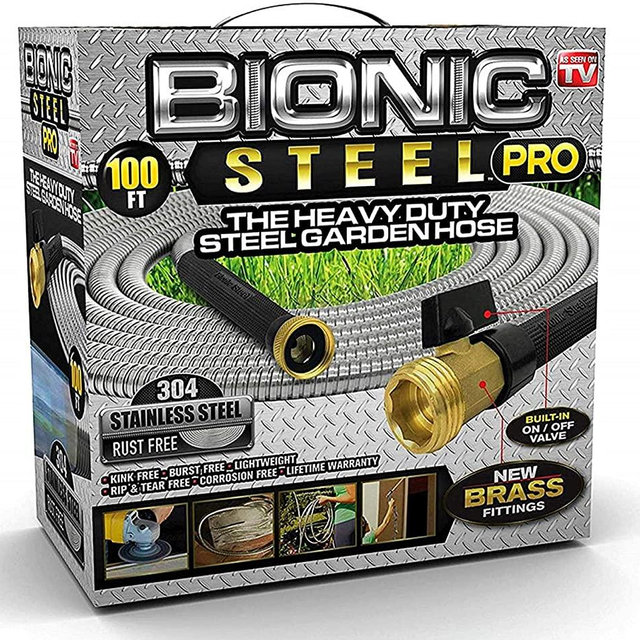 Bionic Steel PRO Garden Hose - 304 Stainless Steel Metal 100 Foot Garden Hose – Heavy Duty Lightweight, Kink-Free, and Stronger Than Ever with Brass Fittings and On/Off Valve – 2019 Model