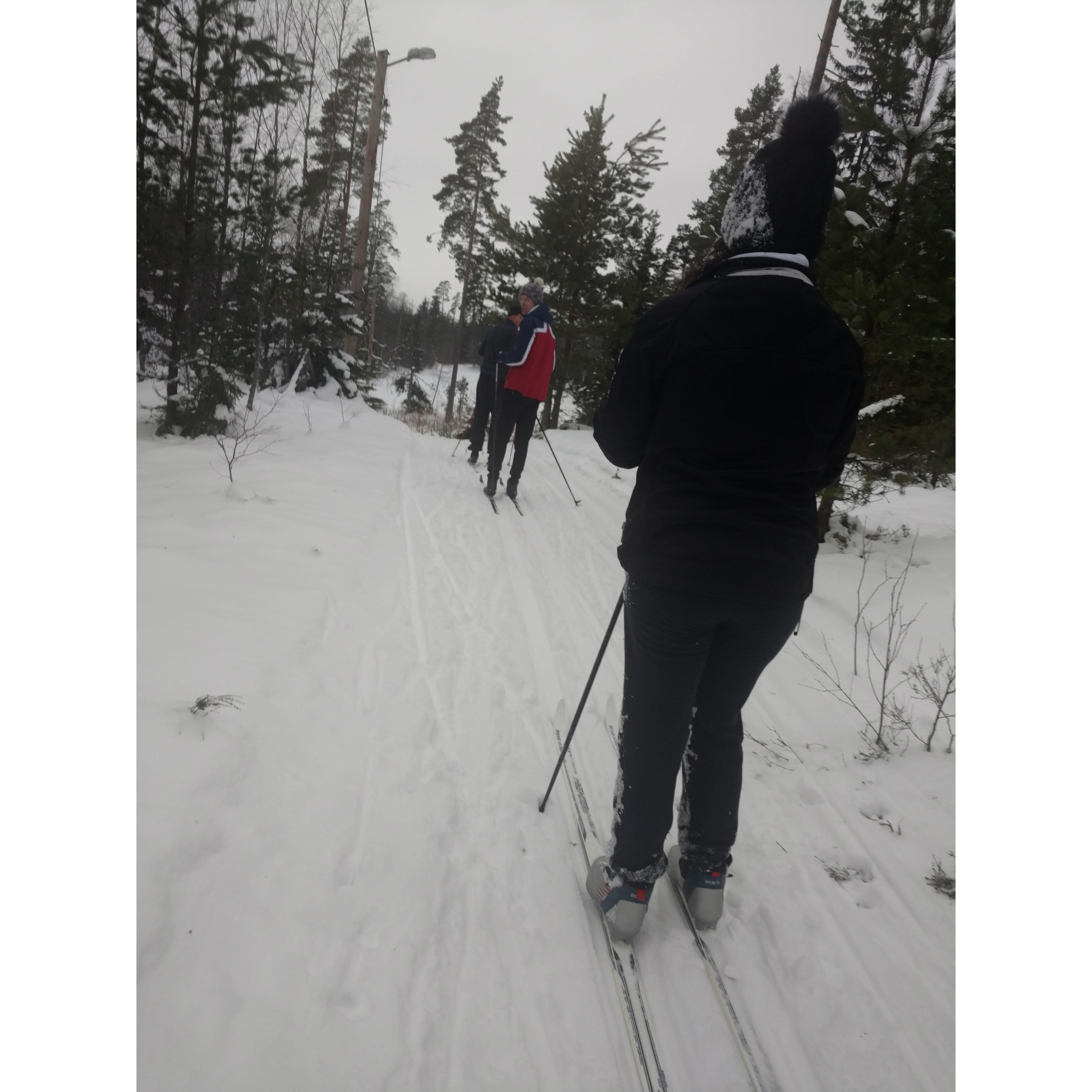 Spring 2018. Johan's family teaches Jess how to cross country ski. As you can tell from the snow on the side of Jess's head, it didn't go so well....