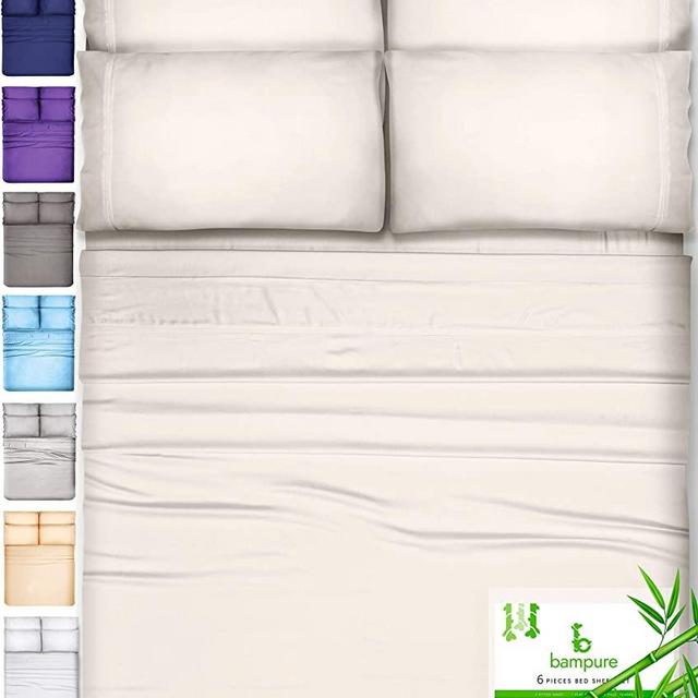 BAMPURE 6 Piece Bamboo Sheets 100% Organic Bamboo Sheets Bamboo Bed Sheets Cooling Sheets Deep Pocket Bed Sheets King Size, Ivory