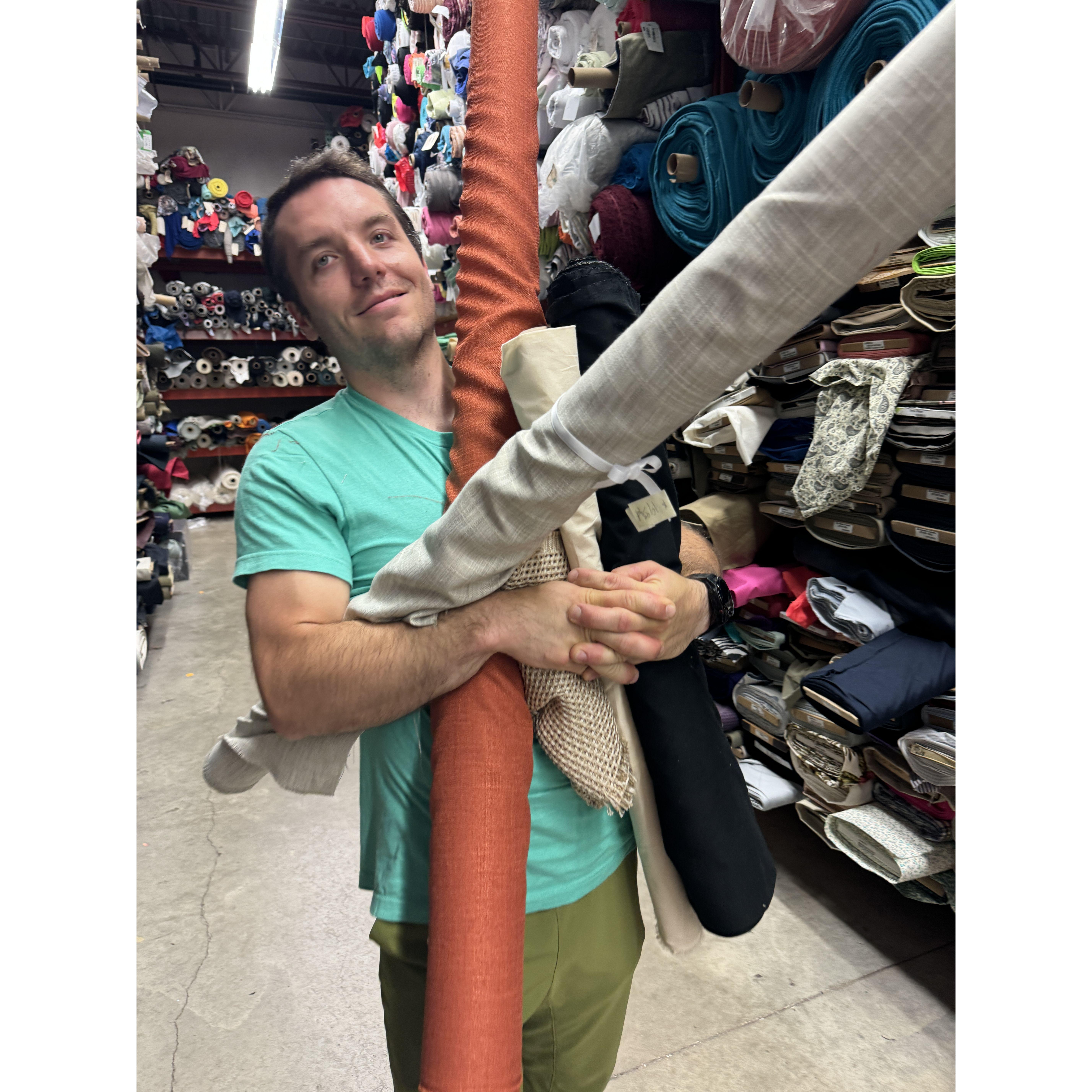 Fabric shopping, Chris is a great helper!!