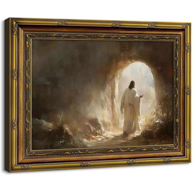Vintage Framed Jesus Resurrection Wall Art Christian Empty Tomb Canvas Print Jesus Rolls Away Stone pictures Leaves the Tomb Posters Easter Painting Ornate Gold Frame Religious Wall Decor 9x11in