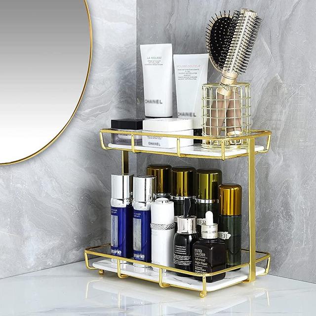 Dobbyby Bathroom Organizer Countertop Makeup Organizer Cosmetics Storage Display Rack 2 Tire Vanity Tray in Dresser Kitchen Stainless Steel Gold Shelf White Marble Print Ceramic Tray