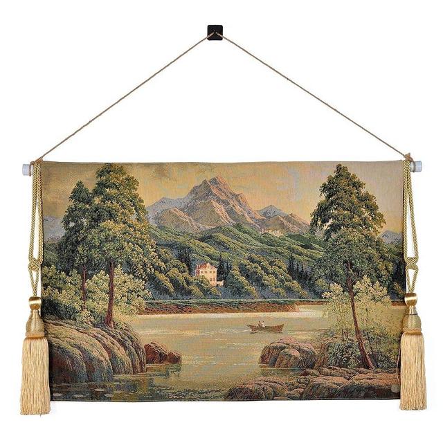 Vintage Nature Tapestry Wall Hanging Set with Telescopic Rod & Tassels - Jacquard Woven Fabric Aesthetic Country Landscape Wall Tapestry for Bedroom/Living Room Decor Green Art (42"x27") (Earthy - greens, lake scene with boat and hills)