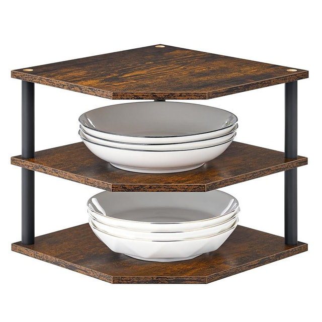 Huukhuom Wooden 3-Tier Corner Shelf, Kitchen Countertop Dish & Bread Organizer Counter Stand Storage for Desktop Bedroom Bathroom Small Space