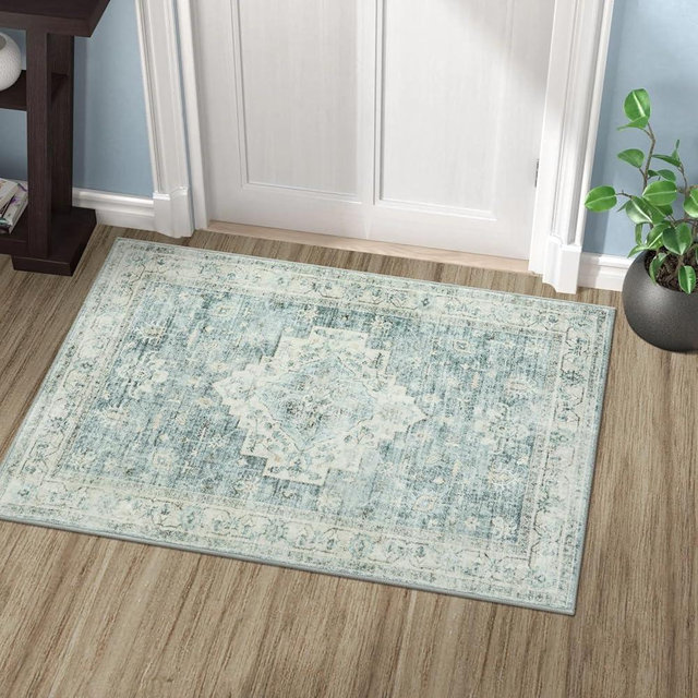 LIVEBOX Washable Rug 2x3 - Indoor Entryway Rug Boho Low-Pile Small Rug for Front Door, Print Distressed Doormat Carpet Non-Slip Indoor Outdoor Rugs, Blue